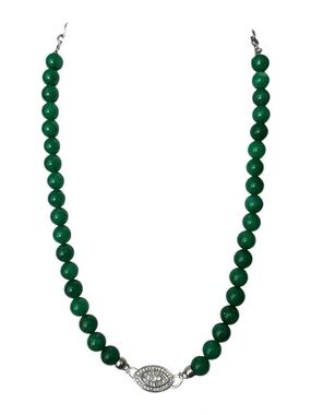Natural Stone Green Beaded Necklace with Silver Accent - Handmade